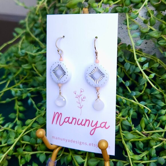 Boho Semi-Precious Stone Dangle Earrings - White, Blue, Purple - Picture 3 of 10